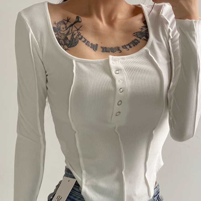 Hot selling reverse stitched five-claw button long-sleeved T-shirt (white) (S-L size) (contact customer service after placing the order to confirm the delivery size)