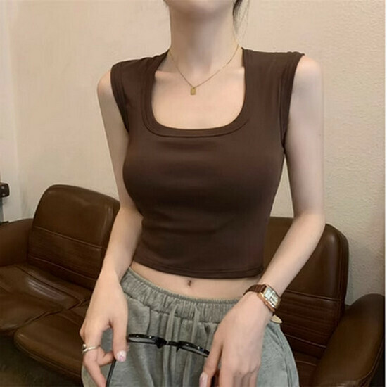 熱賣帶胸墊方領背心【咖色】【S-L碼】（下單後請聯絡客服確認發貨尺碼）