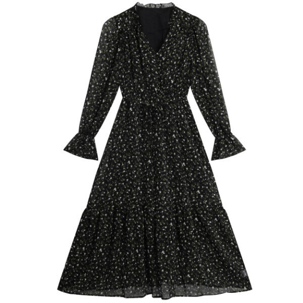 Hot selling polka dot mid-length dress (black base color) (S-XL size) (contact customer service after placing the order to confirm the delivery size)