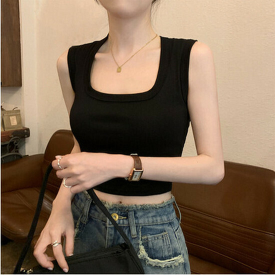 熱賣帶胸墊方領背心【黑色】【S-L碼】（下單後請聯絡客服確認發貨尺碼）