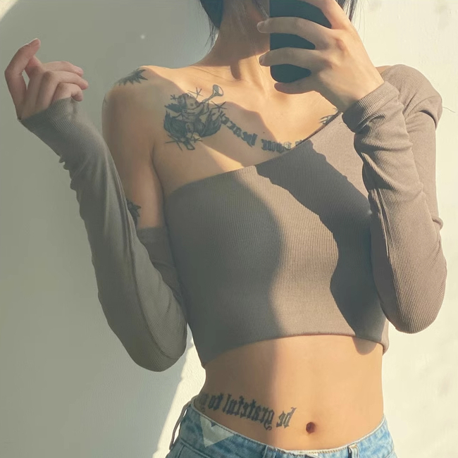 Hot selling off-shoulder long-sleeved base T-shirt (dark gray) (S/M size) (contact customer service after placing the order to confirm the delivery size)