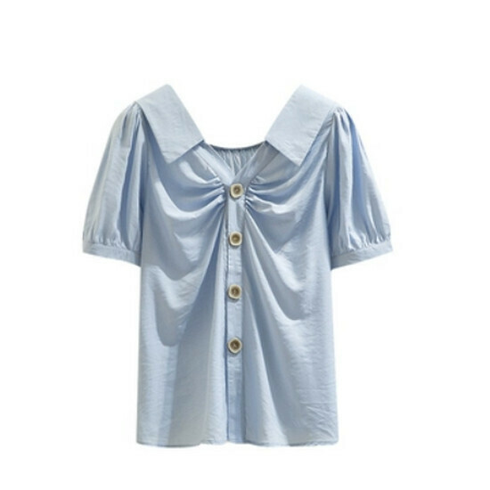 Hot selling pleated puff sleeve shirt [blue] [size L-4XL] (please contact customer service to confirm the delivery size after placing the order)