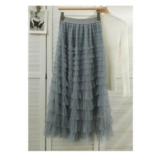 Millefeuille Ruffle Mesh Skirt Cake Skirt (Grey) (One Size)