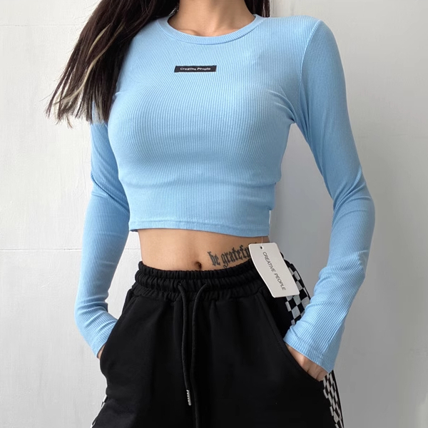 Hot selling short long-sleeved tight-fitting bottoming T-shirt (blue) (size S-L) (contact customer service after placing the order to confirm the delivery size)