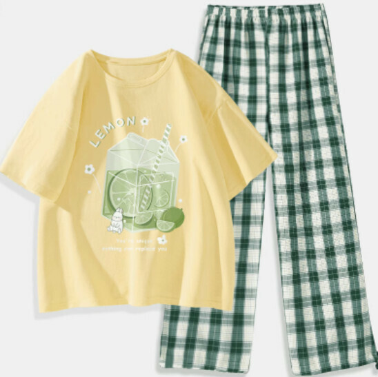 Hot selling two-piece set of short-sleeved plaid pants [goose yellow (icy lime) + dark green pants] [S-XL size] (please contact customer service to confirm the delivery size after placing the order)