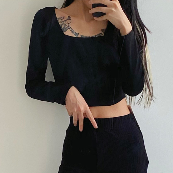 Hot selling reverse stitching large U-neck long-sleeved T-shirt (black) (S/M size) (contact customer service after placing the order to confirm the delivery size)