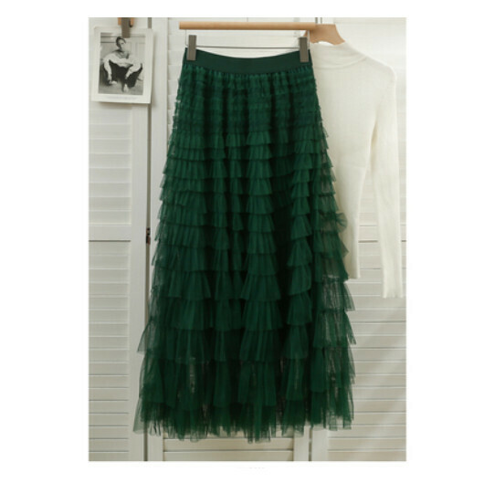 Millefeuille Ruffle Mesh Skirt Cake Skirt (Dark Green) (One Size)