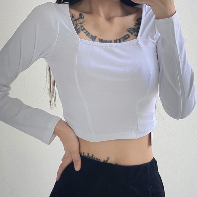 Hot selling reverse stitching large U-neck long-sleeved T-shirt (white) (S/M size) (contact customer service after placing the order to confirm the delivery size)