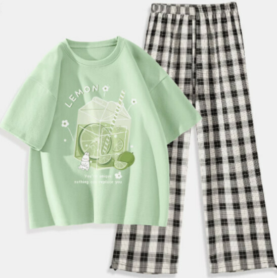 Hot selling two-piece short-sleeved plaid trousers set [Fruit Green (Ice Lime) + Black and White Pants] [S-XXL Size] (please contact customer service to confirm the delivery size after placing the order)