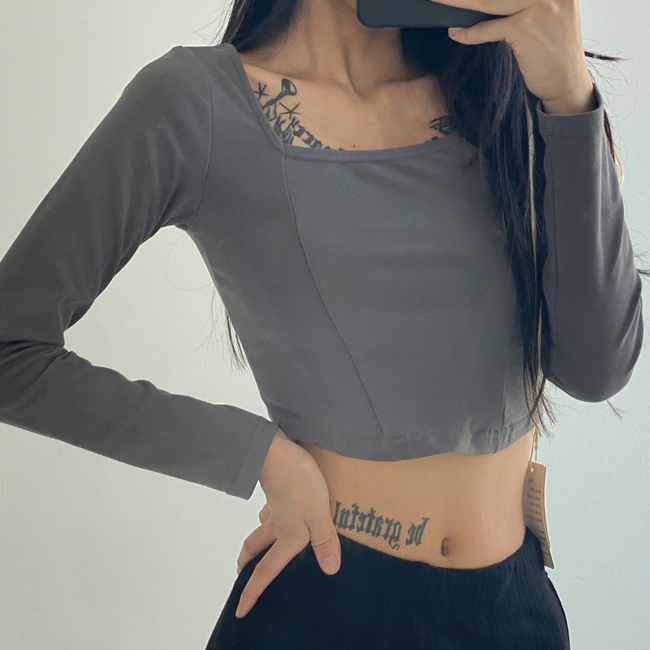 Hot selling reverse stitching large U-neck long-sleeved T-shirt (grey) (S/M size) (contact customer service after placing the order to confirm the delivery size)