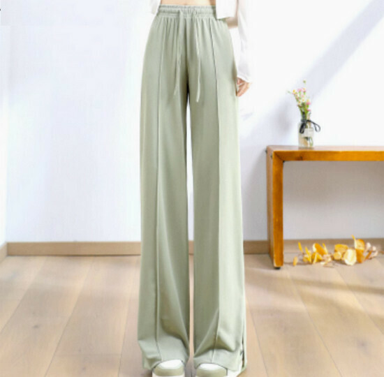 Hot selling ice silk casual side slit pants [bean green] [S-2XL size] (please contact customer service to confirm the delivery size after placing the order)