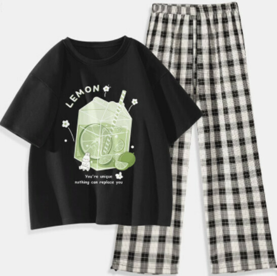 Hot Selling Short Sleeve Plaid Pants Two-piece Set [Black (Ice Lime) + Black and White Pants] [S-XXL Size] (Please contact customer service to confirm the delivery size after placing the order)