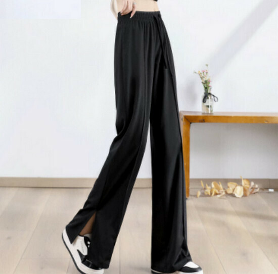 Hot selling ice silk casual side slit pants [black] [S-2XL size] (please contact customer service to confirm the delivery size after placing the order)