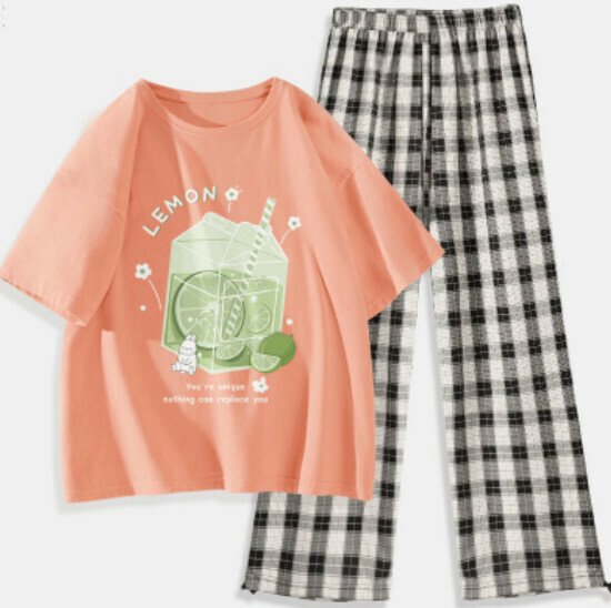 Hot selling two-piece short-sleeved plaid pants set [orange pink (icy lime) + black and white pants] [S-XXL size] (please contact customer service to confirm the delivery size after placing the order)