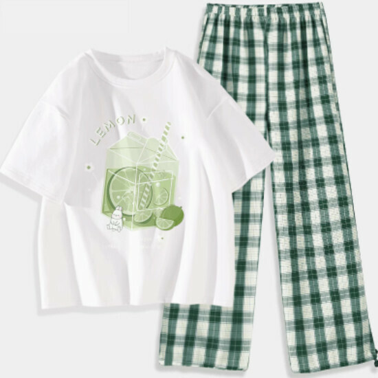 Hot selling two-piece short-sleeved plaid pants set [dark green (icy lime) + dark green pants] [S-XXL size] (please contact customer service to confirm the delivery size after placing the order)