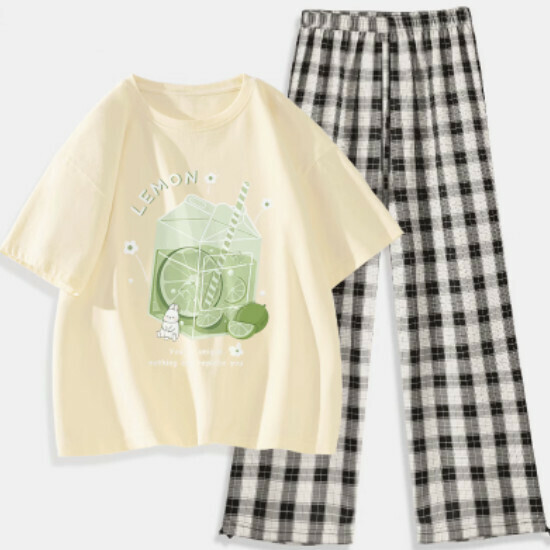 Hot selling two-piece short-sleeved plaid pants set [Milk White (Ice Lime) + Black and White Pants] [S-XXL] (please contact customer service to confirm the delivery size after placing the order)