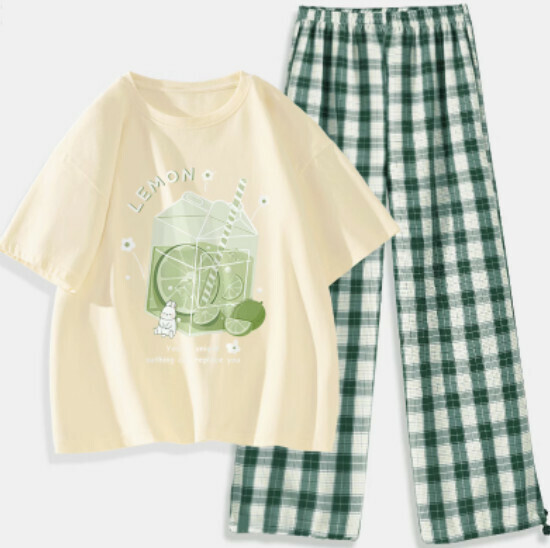 Hot selling two-piece short-sleeved plaid pants set [Milk White (Ice Lime) + Dark Green Pants] [S-XXL] (please contact customer service to confirm the delivery size after placing the order)