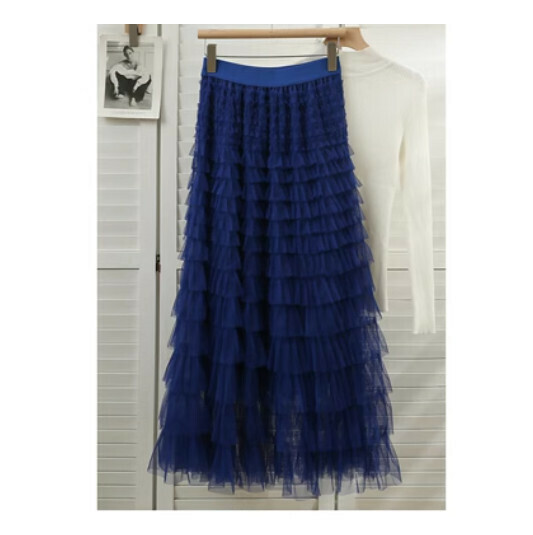 Millefeuille Ruffle Mesh Skirt Cake Skirt (Blue) (One Size)