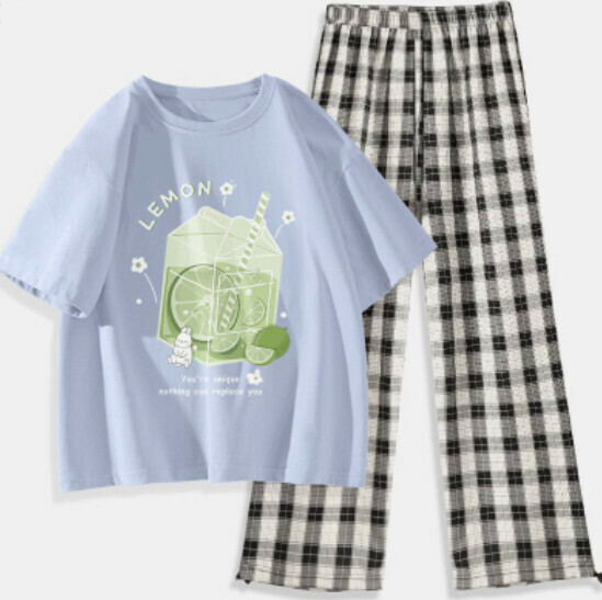 Hot selling two-piece short-sleeved plaid pants set [Light Blue (Icy Lime) + Black and White Pants] [S-XXL] (please contact customer service to confirm the delivery size after placing the order)