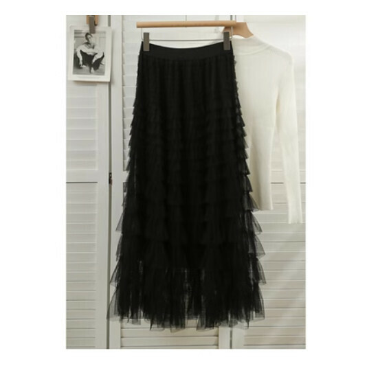 Millefeuille Ruffle Mesh Skirt Cake Skirt (Black) (One Size)