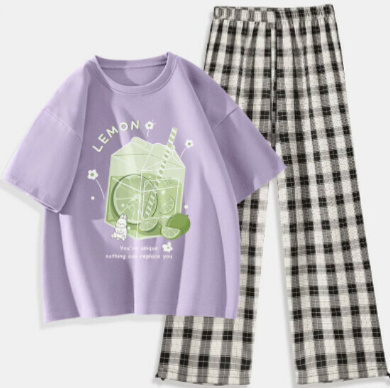 Hot selling two-piece short-sleeved plaid trousers set [Taro Purple (Ice Lime) + Black and White Pants] [S-XXL] (please contact customer service to confirm the delivery size after placing the order)