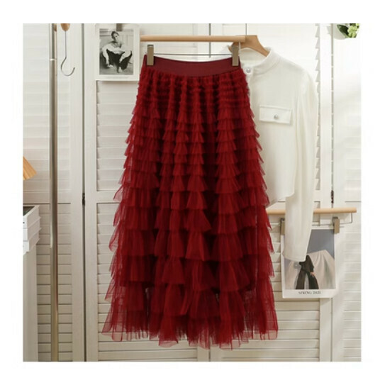 Millefeuille Ruffle Mesh Skirt Cake Skirt (Burgundy) (One Size)