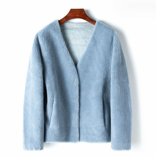 Hot selling V-neck wool grain coat (M size) (sky blue)