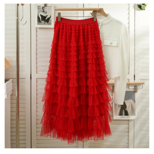 Millefeuille Ruffle Mesh Skirt Cake Skirt (Big Red) (One Size)