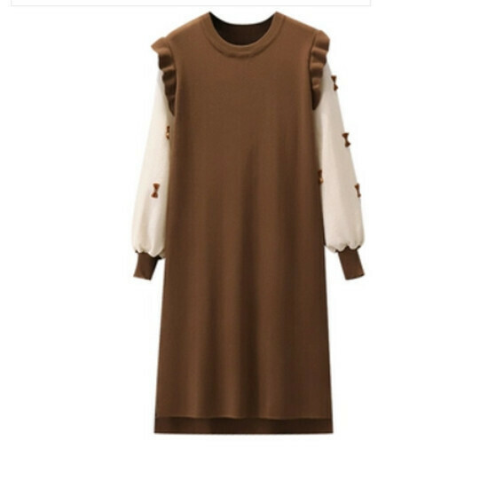 Hot selling fake two-piece knitted dress [coffee color] [L-4XL size] (please contact customer service to confirm the delivery size after placing the order)