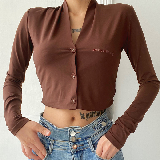 Hot selling deep V-neck long-sleeved short cardigan (burgundy) (size S-L) (contact customer service after placing the order to confirm the delivery size)