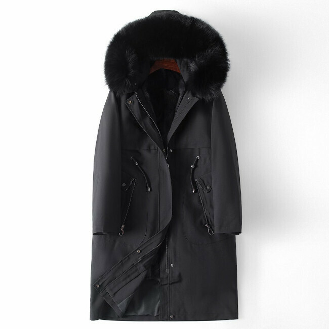 Hot selling fox fur collar long hooded jacket (S/M size) (black) (contact customer service after placing the order to confirm the delivery size)