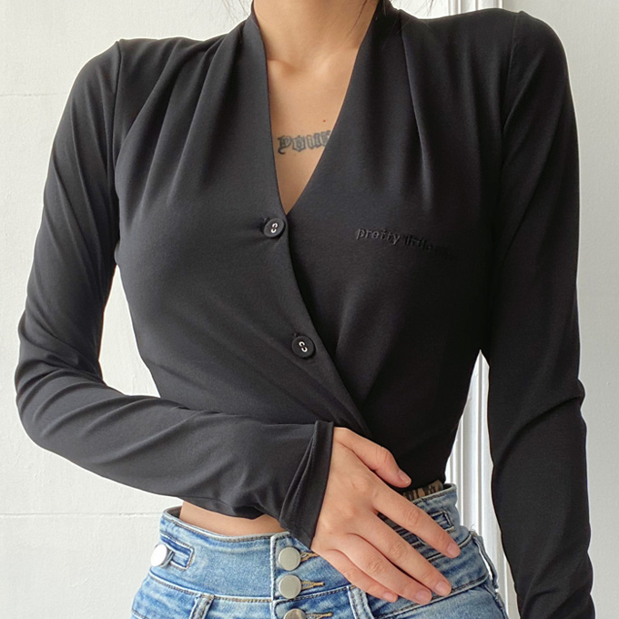 Hot selling deep V-neck long-sleeved short cardigan (black) (size S-L) (contact customer service after placing the order to confirm the delivery size)