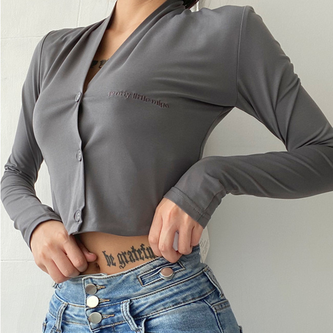 Hot selling deep V-neck long-sleeved short cardigan (grey) (size S-L) (contact customer service after placing the order to confirm the delivery size)