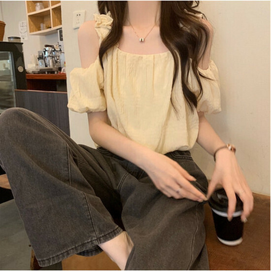 熱賣露肩吊帶短袖【杏色】【S-XL碼】（下單後請聯絡客服確認發貨尺碼）