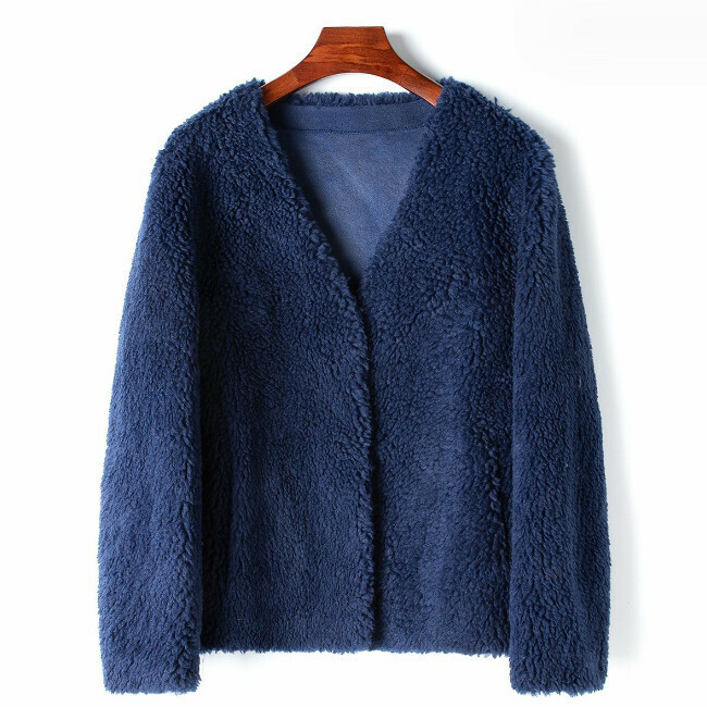 Hot selling V-neck wool particle jacket (S/M size) (dark gray blue) (contact customer service after placing the order to confirm the delivery size)