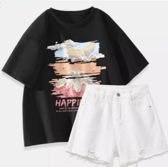 Hot selling T-shirt + denim shorts [Black (Big Oil Painting Dream) + White Pants] [S-2XL] (please contact customer service to confirm the delivery size after placing the order)