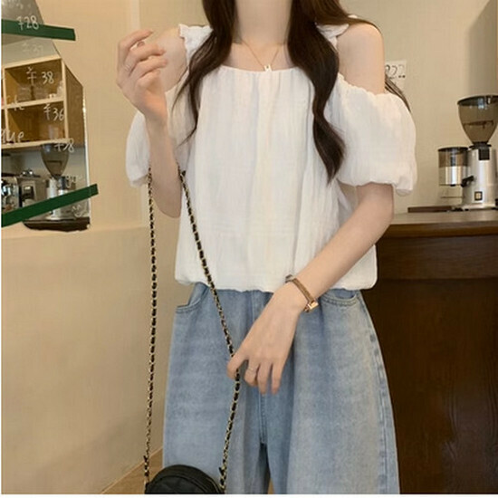 熱賣露肩吊帶短袖【白色】【S-XL碼】（下單後請聯絡客服確認發貨尺碼）