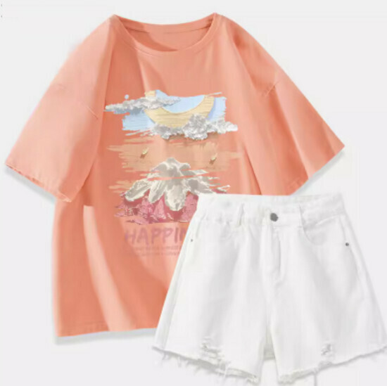 Hot selling T-shirt + denim shorts [orange pink (big oil painting dream) + white pants] [S-2XL size] (please contact customer service to confirm the delivery size after placing the order)