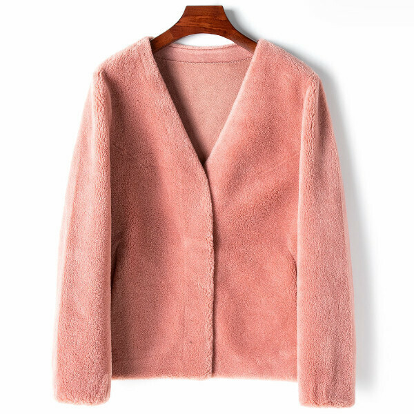 Hot selling V-neck wool particle jacket (size S-L) (leather pink) (contact customer service after placing the order to confirm the delivery size)