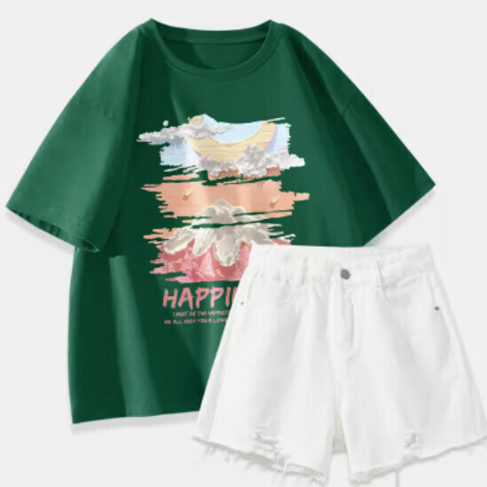 Hot selling t-shirt + denim shorts [dark green (big oil painting dreamland) + white pants] [S-2XL size] (please contact customer service to confirm the delivery size after placing the order)