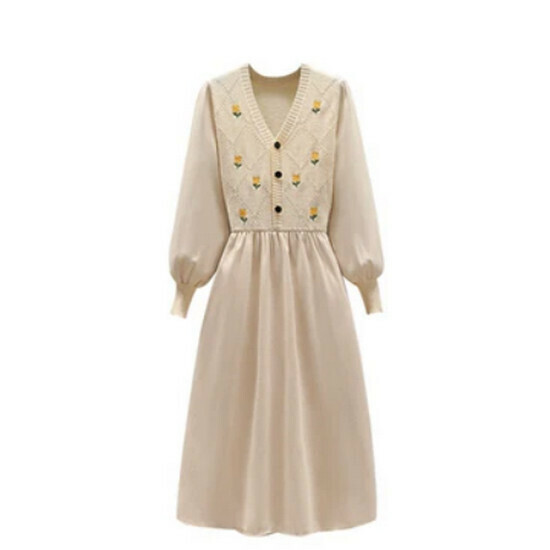 Hot selling embroidered knitted dress [Apricot] [M-4XL] (please contact customer service to confirm the delivery size after placing the order)