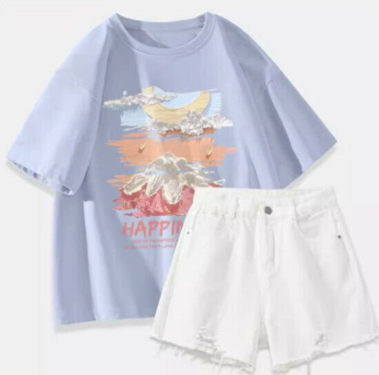 Hot selling t-shirt + denim shorts [light blue (big oil painting dreamland) + white pants] [S-2XL size] (please contact customer service to confirm the delivery size after placing the order)