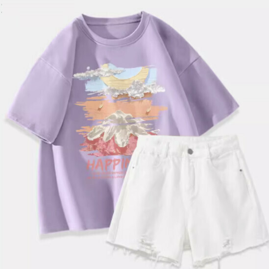Hot selling T-shirt + denim shorts [Taro Purple (Big Oil Painting Dream) + White Pants] [S-2XL Size] (please contact customer service to confirm the delivery size after placing the order)