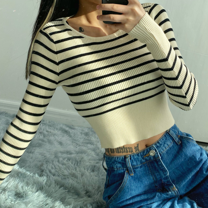Hot selling striped bottoming sweater (apricot) (S/M size) (contact customer service after placing order to confirm delivery size)