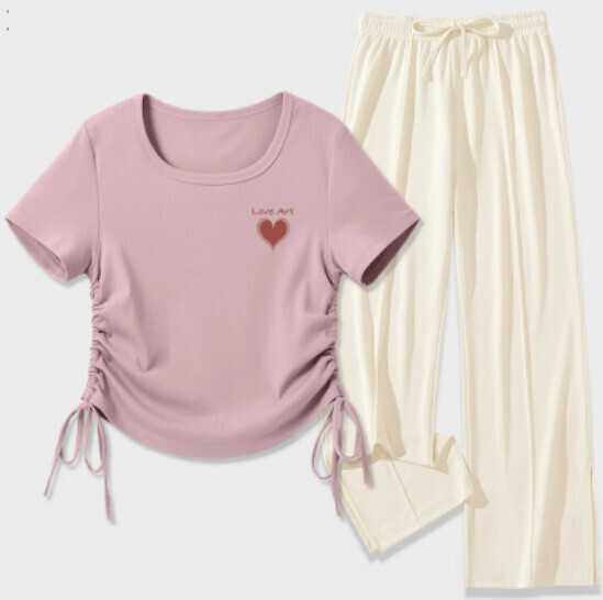 Hot selling t-shirt + ice silk slit trousers [bean paste powder (Ai Yixin) + off-white pants] [S-2XL size] (please contact customer service to confirm the delivery size after placing the order)