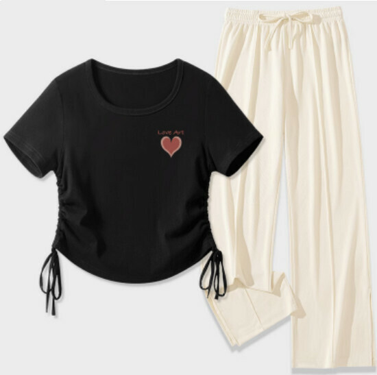 Hot selling t-shirt + ice silk slit trousers [black (Aiyixin) + off-white pants] [S-2XL size] (please contact customer service to confirm the delivery size after placing the order)