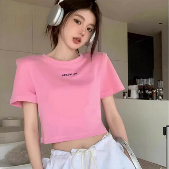 Hot selling hollow right shoulder short-sleeved T-shirt [pink] [size S-L] (please contact customer service to confirm the delivery size after placing the order)