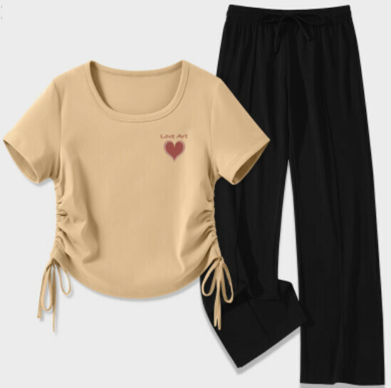 Hot selling t-shirt + ice silk slit trousers [khaki (Aiyixin) + black pants] [S-2XL size] (please contact customer service to confirm the delivery size after placing the order)