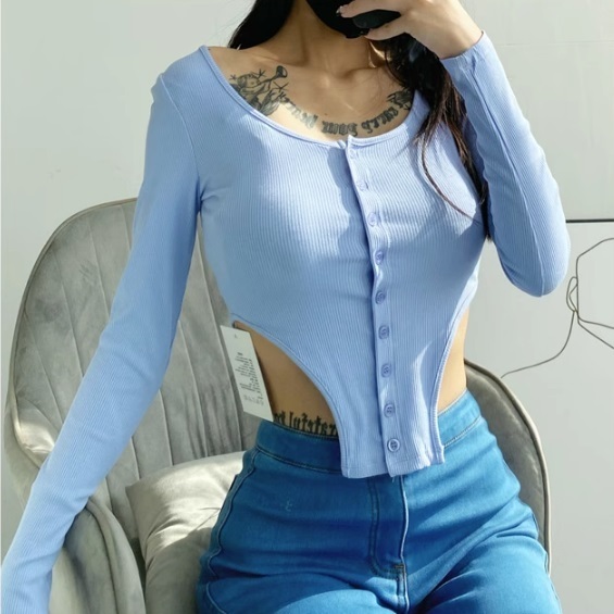 Hot selling irregular hem long-sleeved buttoned T-shirt (blue) (S/M size) (contact customer service after placing the order to confirm the delivery size)