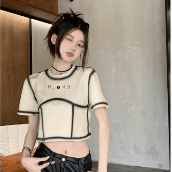 Hot selling contrasting color right shoulder short-sleeved T-shirt [Apricot] [S-XL size] (please contact customer service to confirm the delivery size after placing the order)
